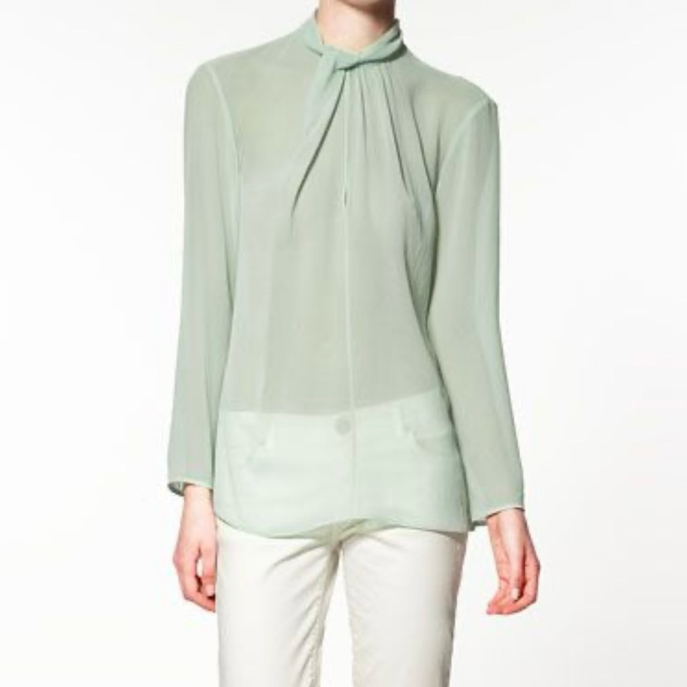 Zara Knot Collar Sheer Light Green Long‎ Sleeve Blouse M Keyhole Front and Back
